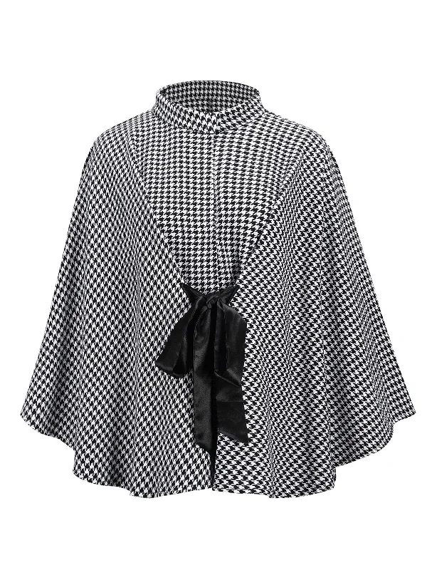 Black 1950s Houndstooth Lace-Up Cloak Coat