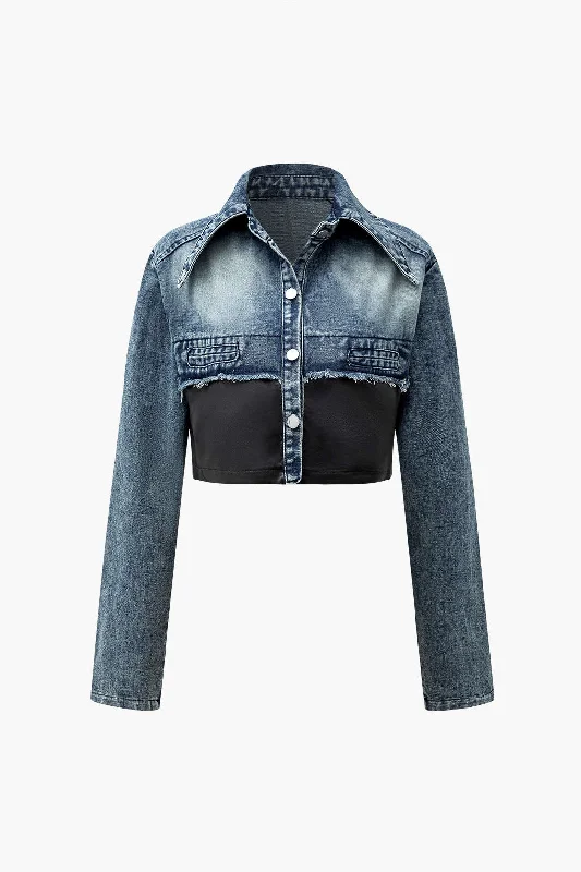 Faux Leather Patchwork Frayed Denim Outerwear