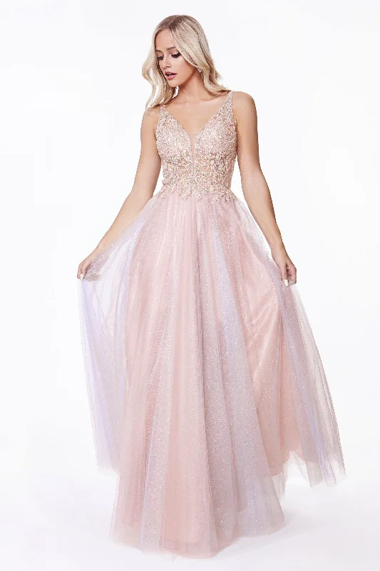 Cinderella Divine AB198 Long Formal Sleeveless Beaded Lace Prom Dress