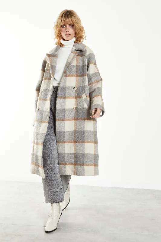 Glamorous Grey Cream Check Double Breasted Midi Coat with Lapel Collar