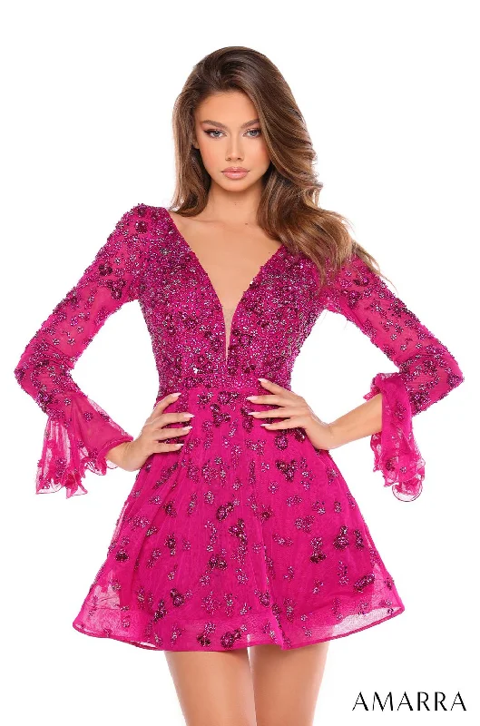 Amarra 88032 A Line Short Homecoming Long Sleeve Cocktail Dress