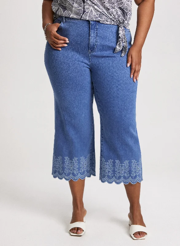 Embroidered Hem Culotte Jeans