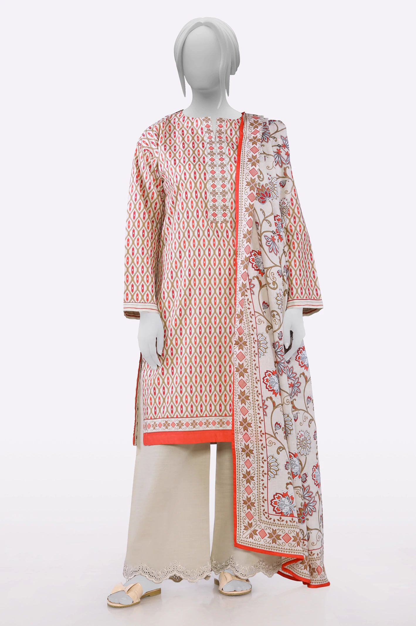 Cream Printed Kurti With Dupatta