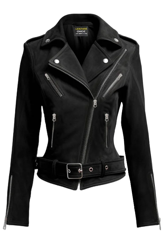 Women Biker Black Suede Leather Jacket