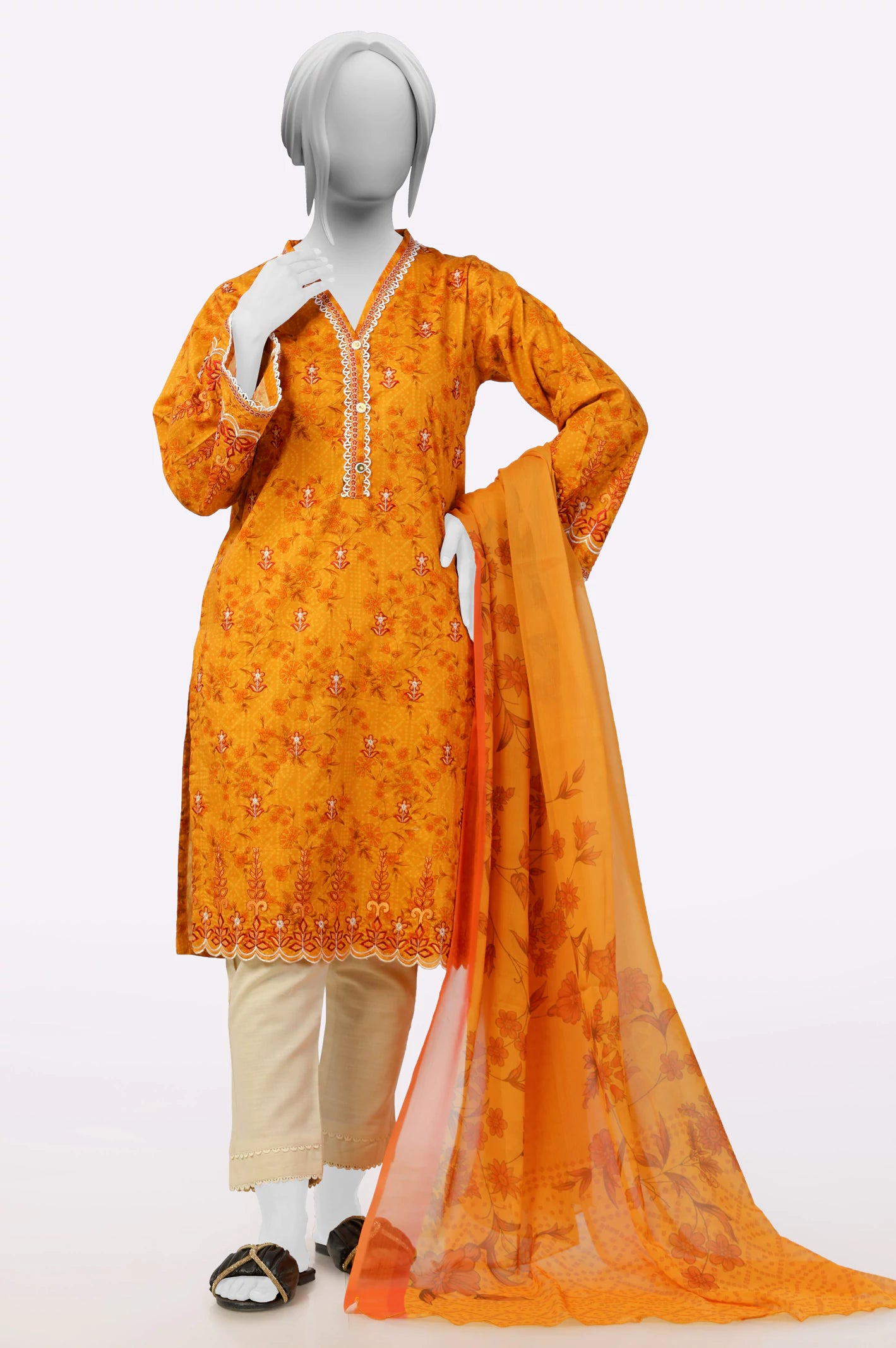 Mustard Printed Embroidered Kurti with Dupatta