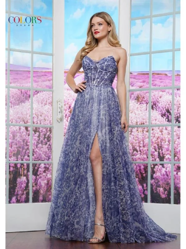 Colors 3617 Long Formal A Line Print Prom Dress