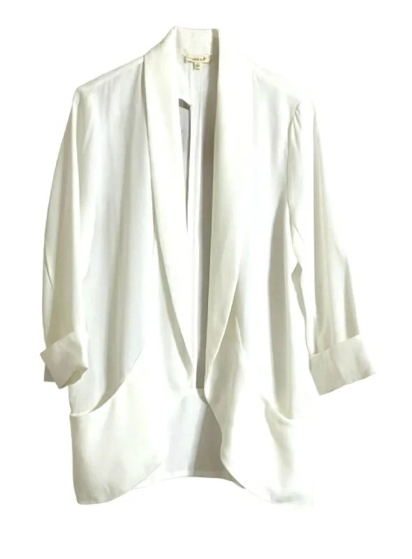 Women's Front Rolled Collar Open 3/4 Sleeve Shawl Blazer In White