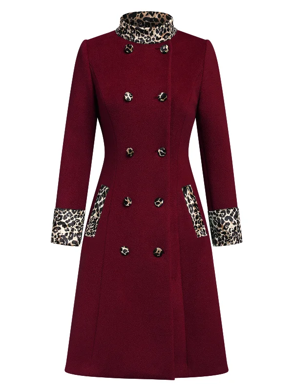 Wine Red 1940s Leopard Patchwork Button Coat