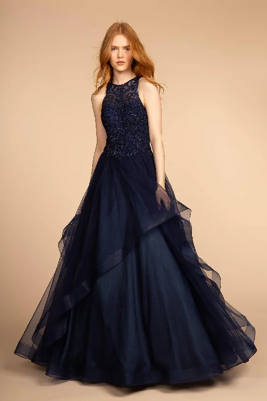 Embroidered Applique Bodice Tulle Long Prom Dress