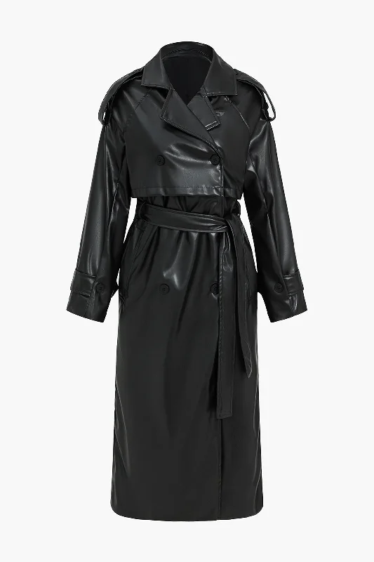 Faux Leather Button Asymmetrical Belted Coat