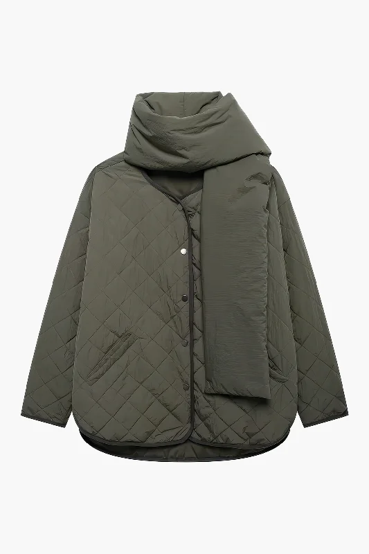 Padded Button Puffer With Scarf