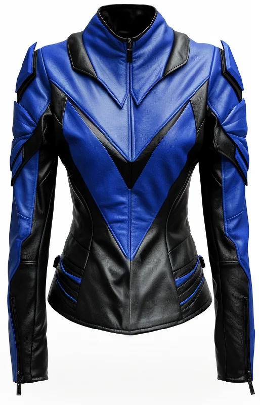 Women Leather Jacket - Blue and Black Faux Leather Jacket