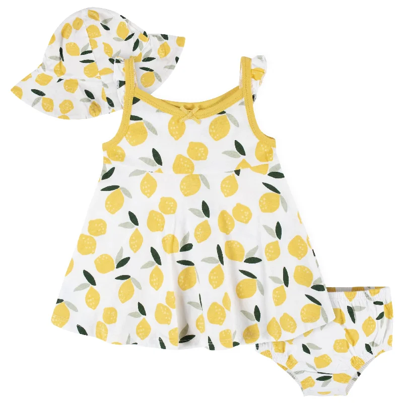 3-Piece Baby & Toddler Girls Lemon Squeeze Dress, Diaper Cover & Sun Hat Set