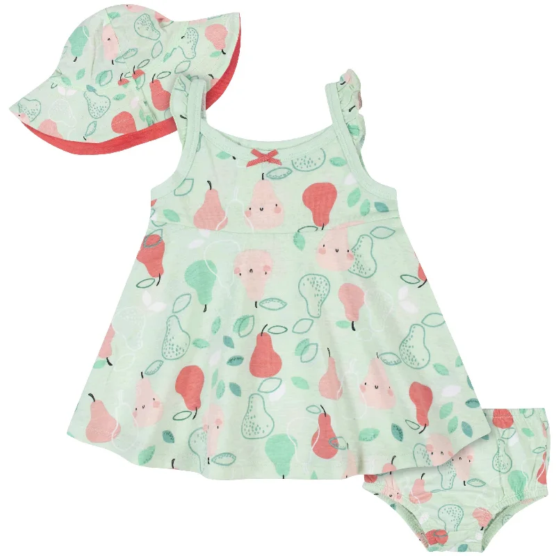 3-Piece Baby & Toddler Girls Pear Dress, Diaper Cover & Sun Hat Set