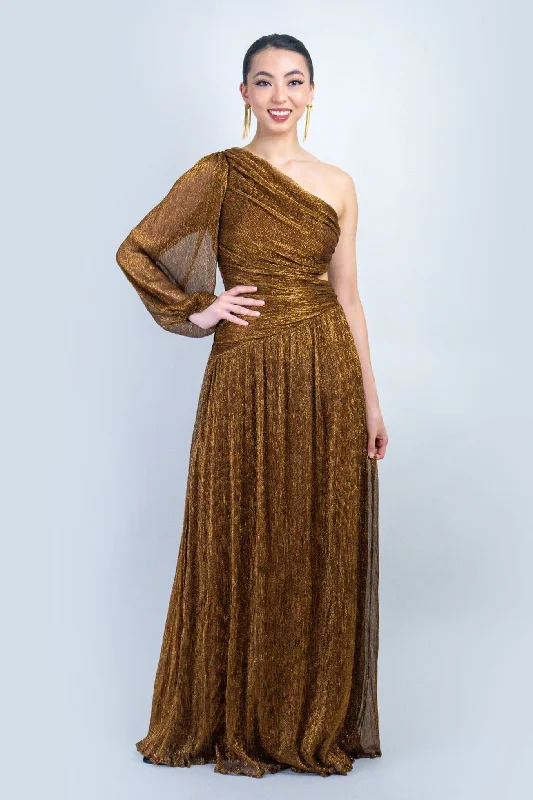 Bronze Lurex Asymmetric Cut Out Gown