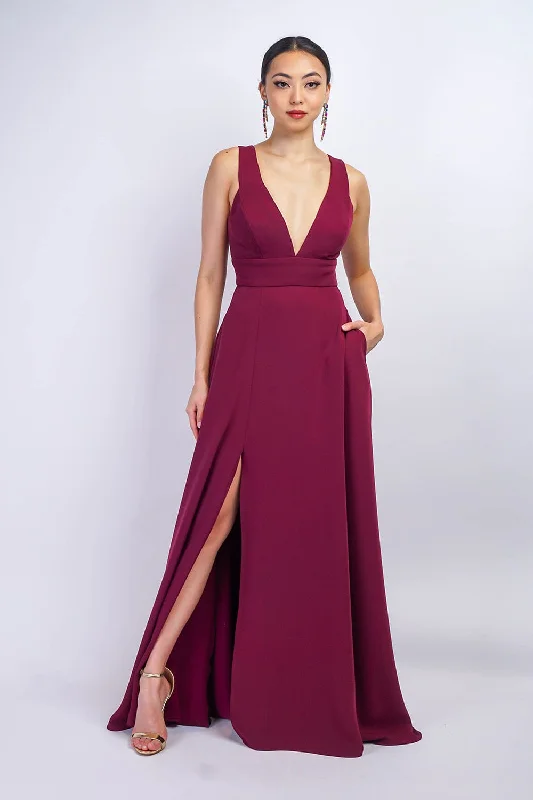 Maroon V Neck Front Slit Soraya Gown