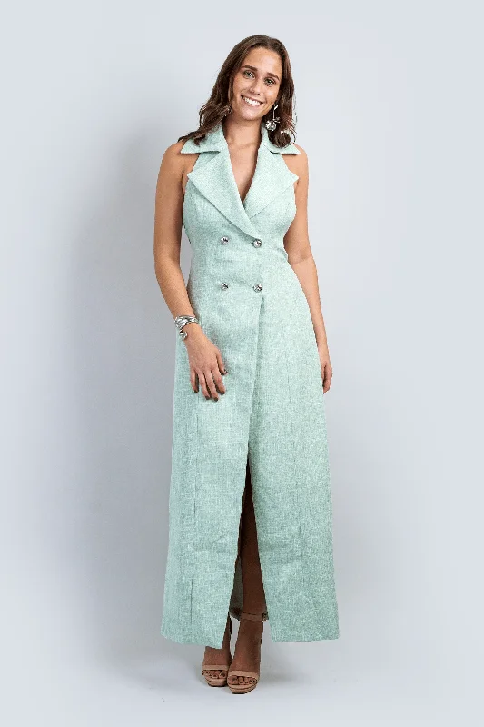 Mint Green Tweed Tuxedo Halter Vest Gown