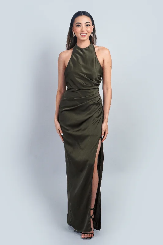 Olive Halter Side Drape Gown