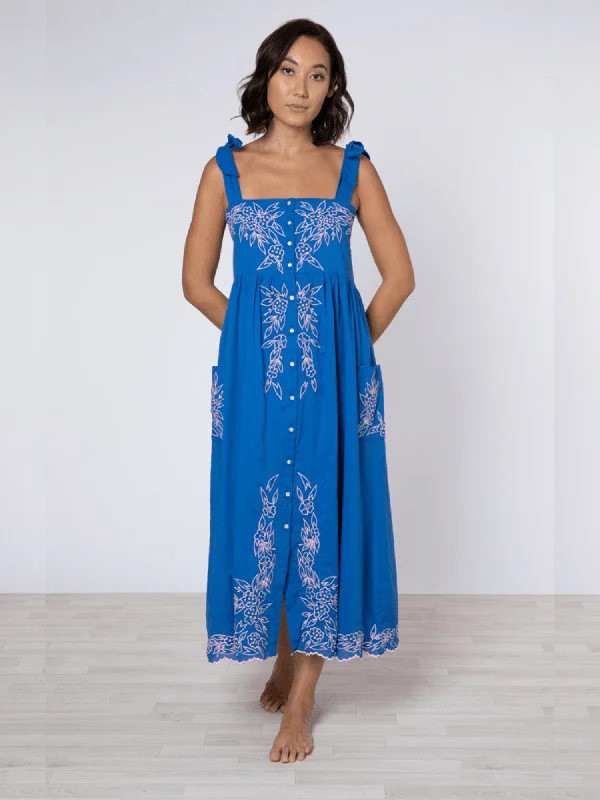 Royal Blue / Candy Tie Shoulder Dress w/ Flower Embroidery