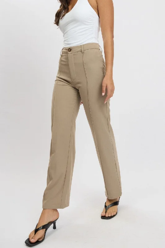 Brown Straight Fit Pants High Rise