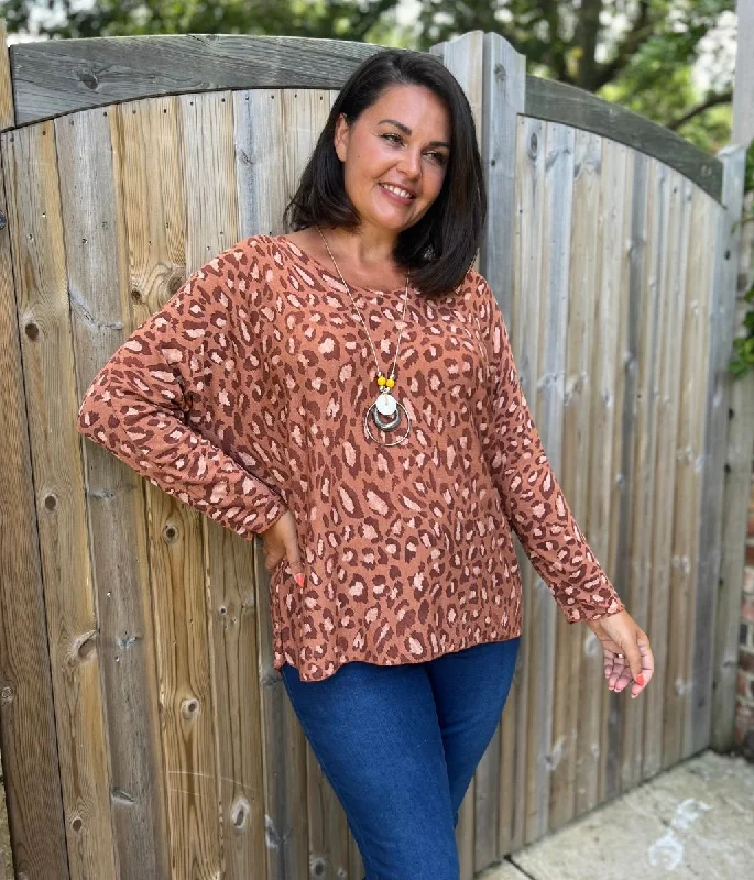 Rust Fine Knit Leopard Necklace Top